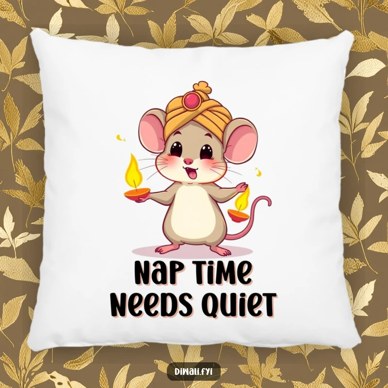 Funny pillow featuring a startled mouse wearing a turban, comically juggling glowing diyas, providing cozy comfort with a festive, humorous touch.