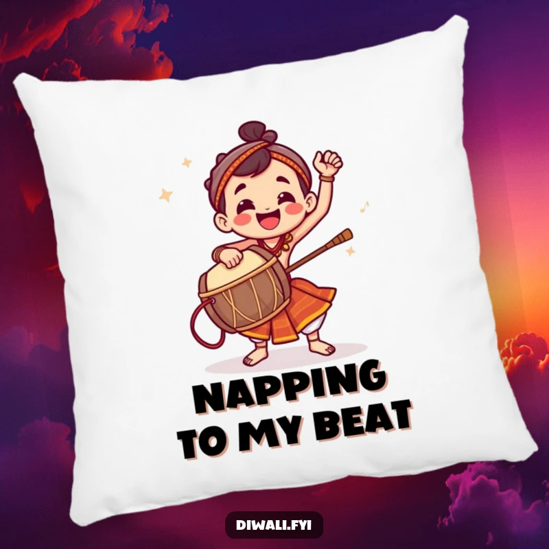 Funny pillow showing a jubilant character energetically playing a dhol drum, perfect for music lovers.