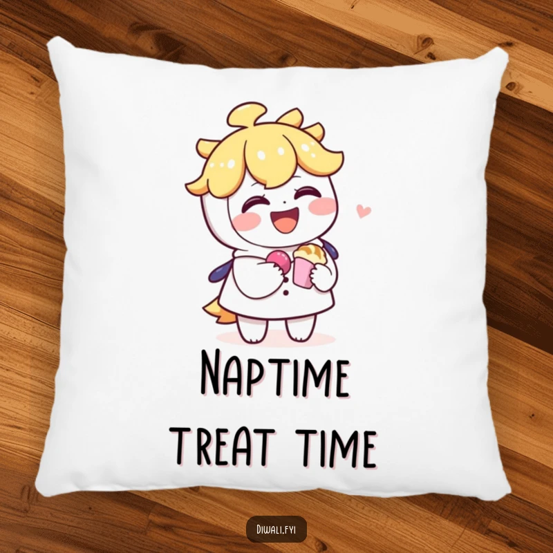 Funny pillow featuring a laughing character offering a sweet treat to another, embodying warmth, friendship, and shared happiness.