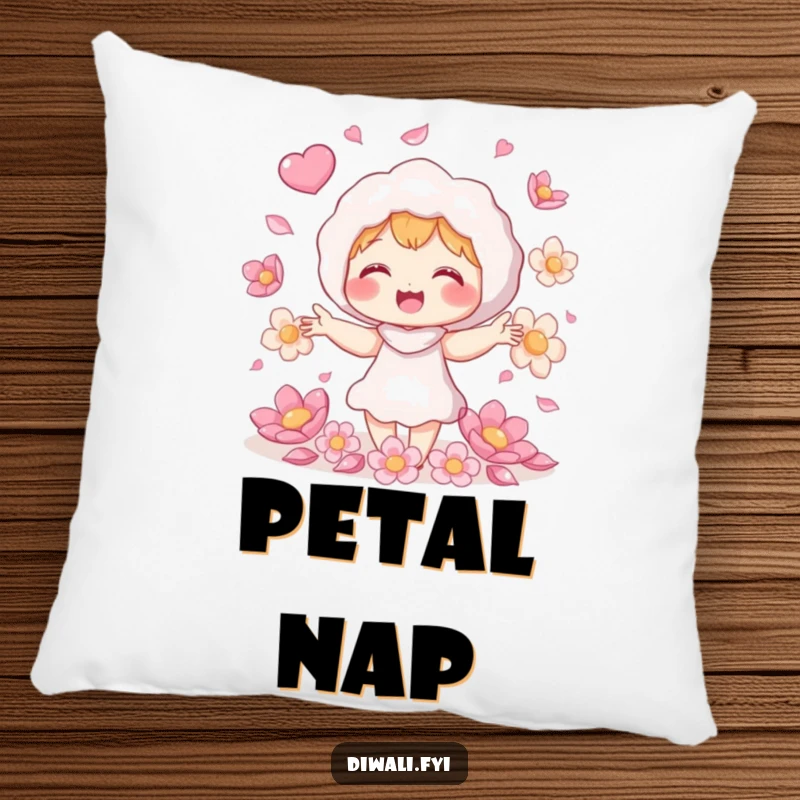 Funny petal juggling pillow, giggling character juggling shimmering flower petals, cozy accent pillow, playful comfort gift.