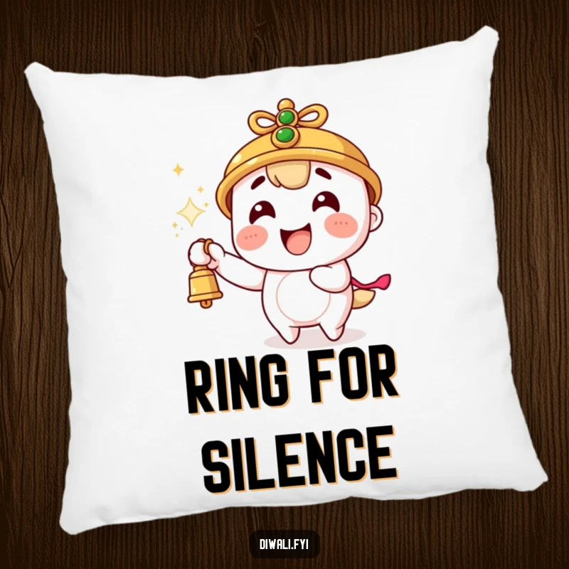Funny pillow design shows a character ringing a tiny bell, with energetic sparks flying around, creating a festive atmosphere.