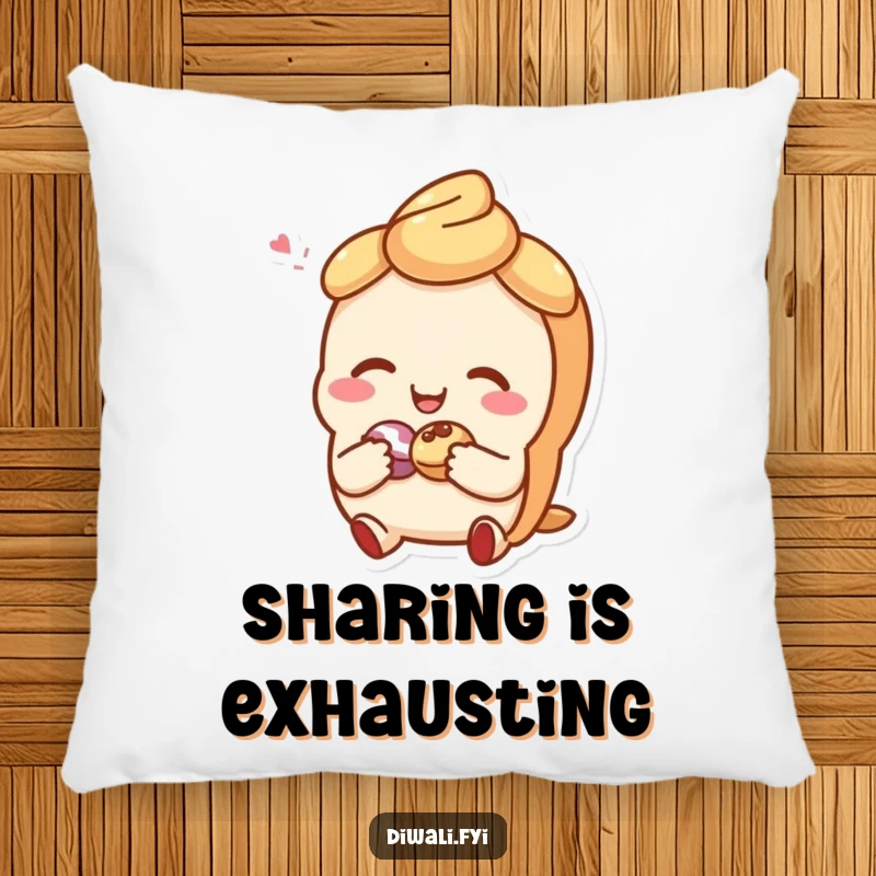 Funny pillow showcasing a giggling sweet pastry character sharing a small treat, providing comfort and a touch of whimsical charm.