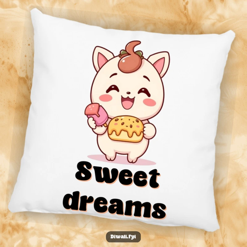 Funny treat offering pillow, delighted character offering sweet treat with smile, cozy accent pillow, sweet comfort gift.