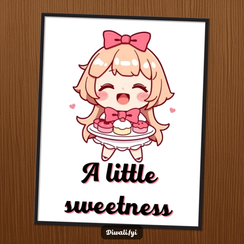 Funny happy character smiling, presenting a plate of delicious sweets adorned with a bow.