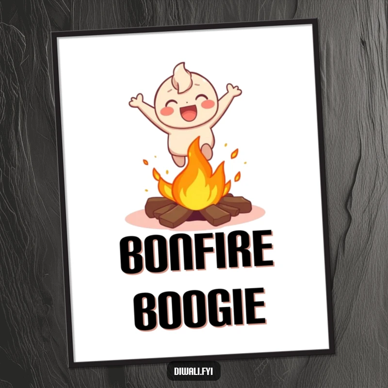 Funny digital art print of a happy character laughing while leaping over a small bonfire, capturing a moment of exhilarating fun and bold energy.