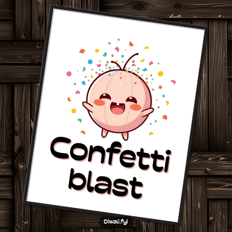 Funny digital art print of a round, excited firecracker character exploding with a vibrant, colorful confetti shower.