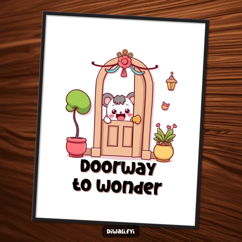 Funny Digital Art Print: A curious character peeks excitedly from a decorated door, full of humor.
