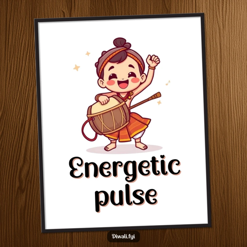 Funny digital art print of a jubilant character energetically playing a dhol drum, ideal for music rooms.