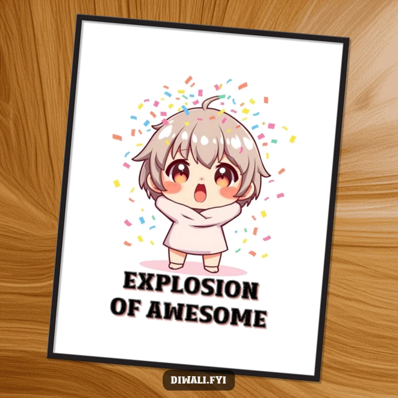 Funny digital art print of a surprised character in a burst of colorful confetti, symbolizing unexpected joy and celebration.