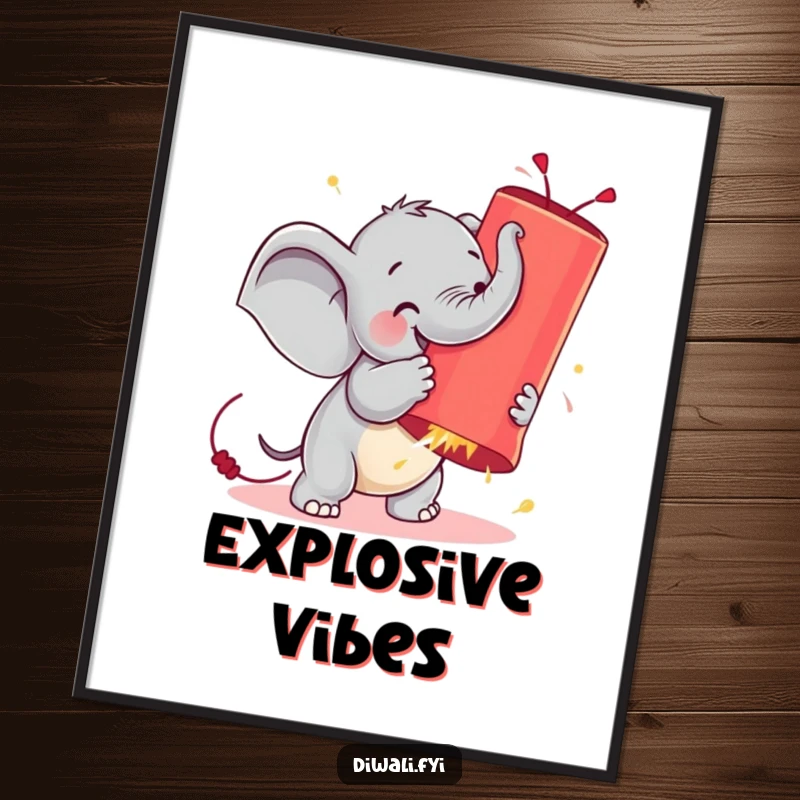 Funny digital art print of a tiny elephant heroically fighting a massive, glowing firecracker, perfect for humorous wall decor.
