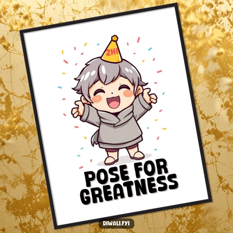 Funny Celebration Digital Art: A cheerful character strikes a dynamic celebratory pose surrounded by a shower of confetti.