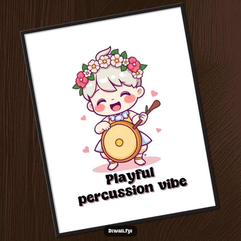 Funny Digital Art Print: Delighted character wearing a flower garland, playing a drum, capturing musical joy.