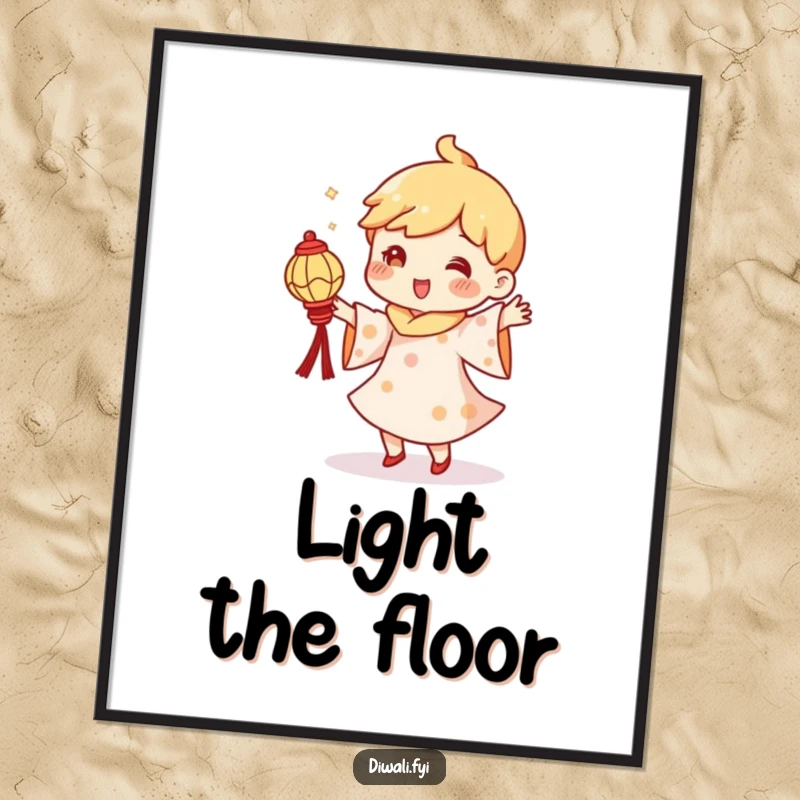 Funny digital art print of a character in a silly dance, holding a small, glowing diya lantern, symbolizing joy and light.