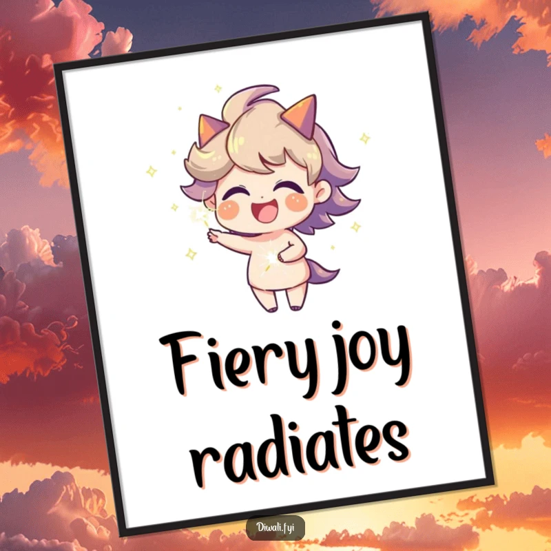 Funny joyful character with a fiery aura spinning a sparkler, a digital art print radiating pure energy and celebratory humor.