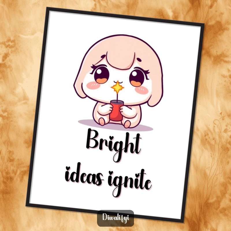 Funny kawaii character with sparkling eyes, preparing to light a small firecracker for a festive burst.