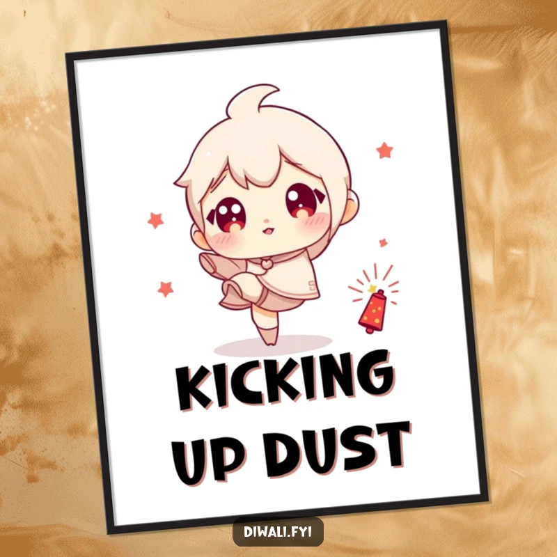 Funny digital art print of a wide-eyed character playfully kicking a small firecracker, symbolizing bold fun and excitement.