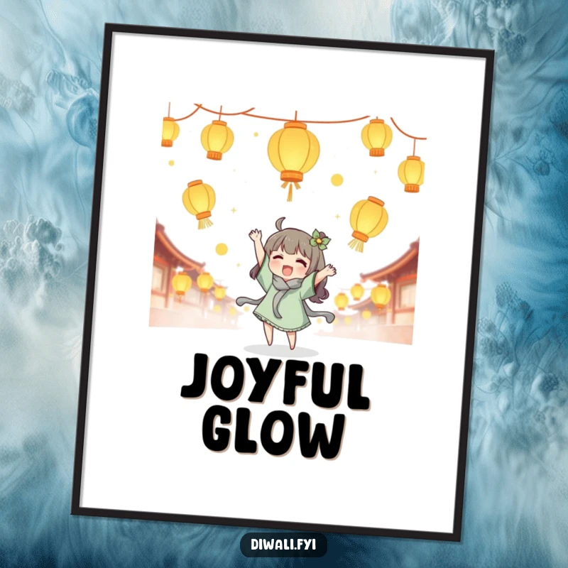 Funny lantern tossing digital art, cute character joyfully tossing glowing lanterns, magical printable art, instant festive decor gift.