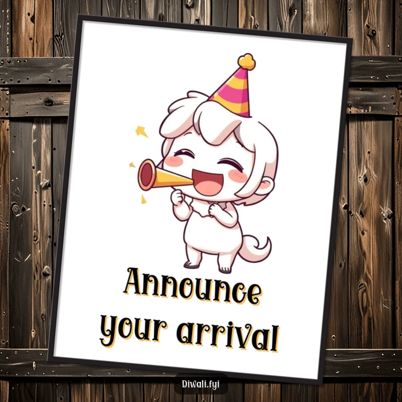Funny digital artwork of a character in mid-laugh, blowing a party horn, capturing pure, unbridled joy and festive excitement for instant download.
