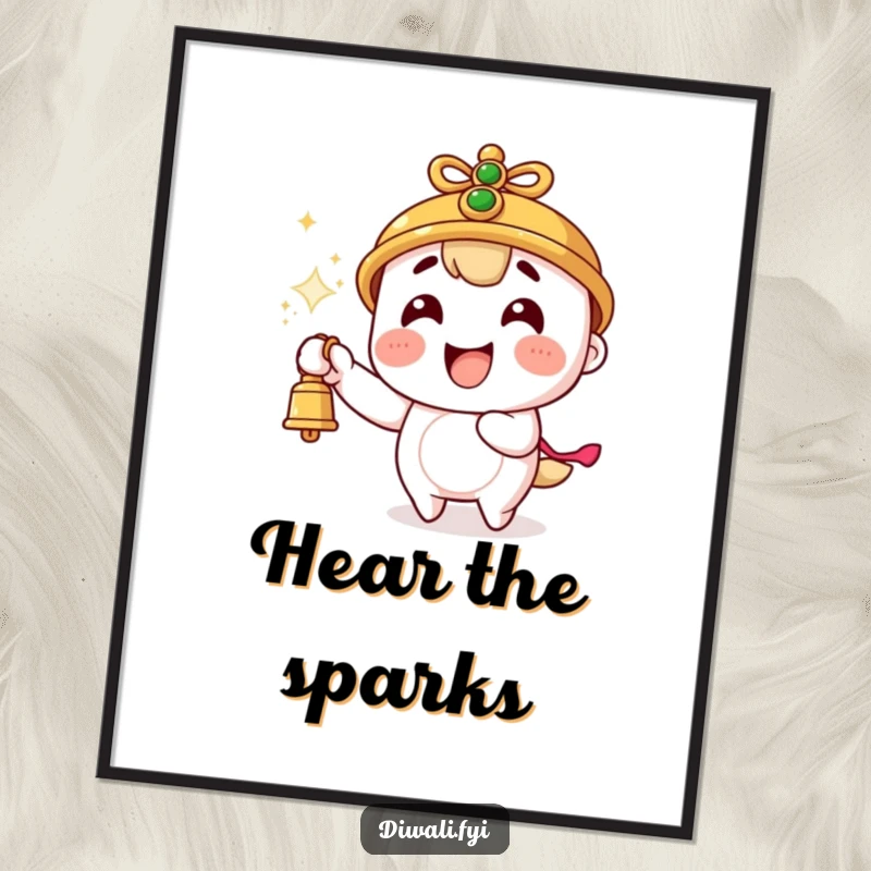 Funny digital art print of a character ecstatically ringing a bell, with energetic sparks flying, ideal for lively home decor.