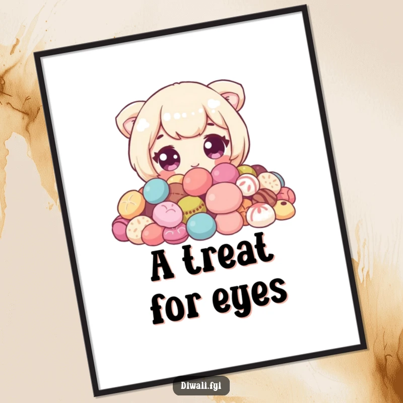 Funny Sweet Peeker Digital Art: Art of a cute character with wide eyes peeking from behind sweets. Instant funny gift.