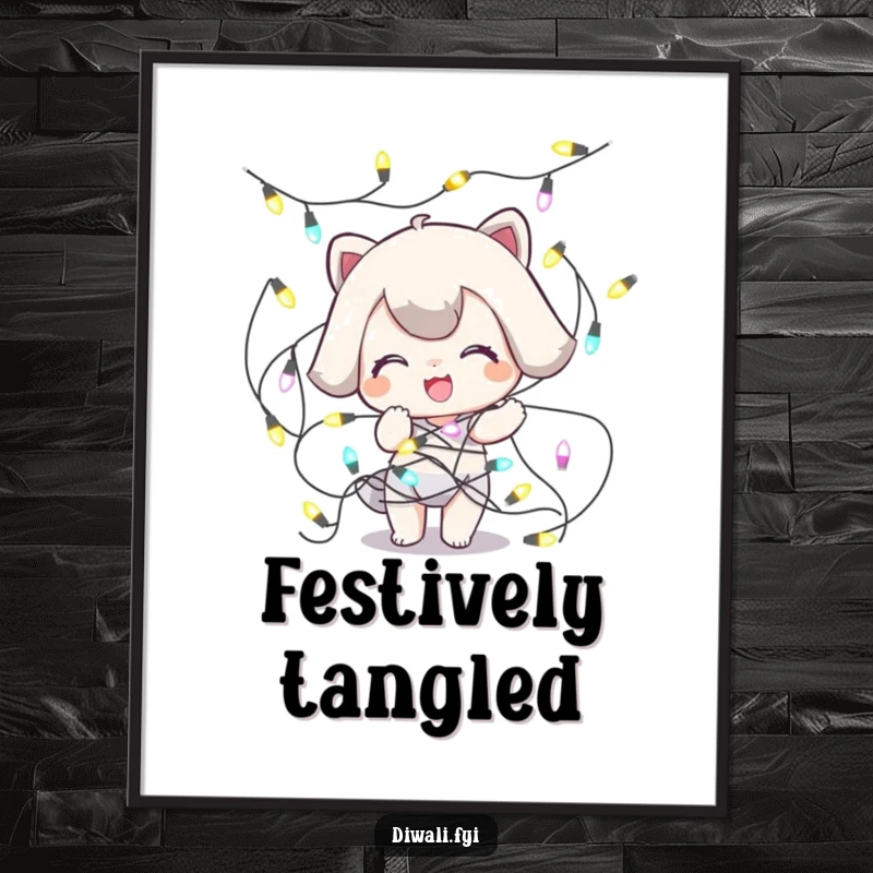 Funny Tangled Lights Digital Art: A playful character is comically tangled in a string of decorative lights, a humorous and festive illustration.