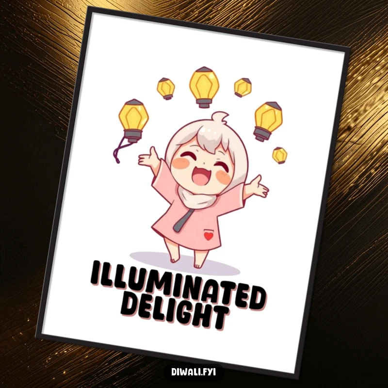 Funny Juggling Lamps Digital Art Print: A joyous character juggles glowing lamps, radiating pure delight and luminous humor.