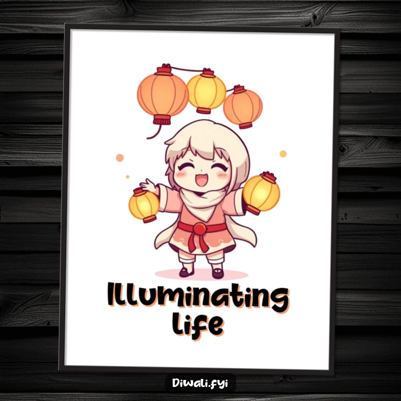 Funny digital art print of a happy character juggling luminous lanterns, creating a magical and delightful visual.