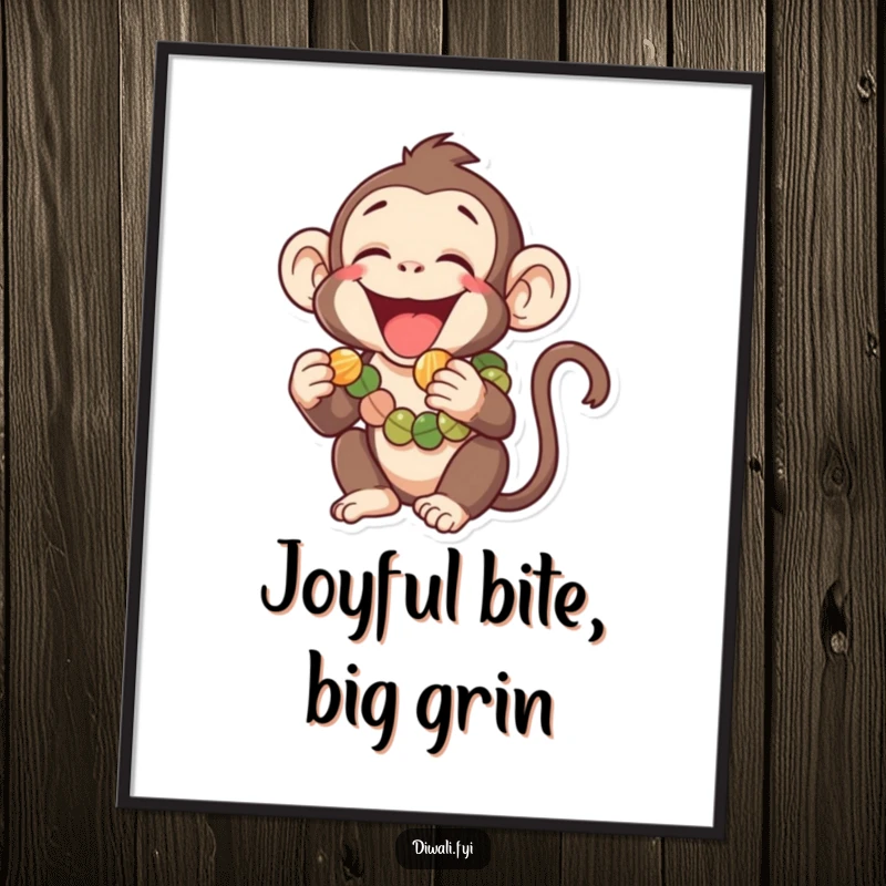 Funny digital art print of a laughing monkey wearing a garland, playfully eating a sweet, capturing mischievous joy and jungle fun instantly.