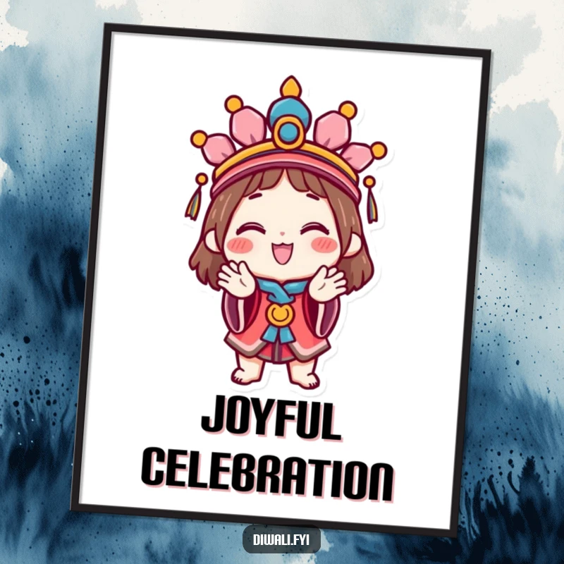 Funny Celebration Digital Art: A happy character wearing a festive headdress claps hands joyfully, creating a vibrant and humorous image.