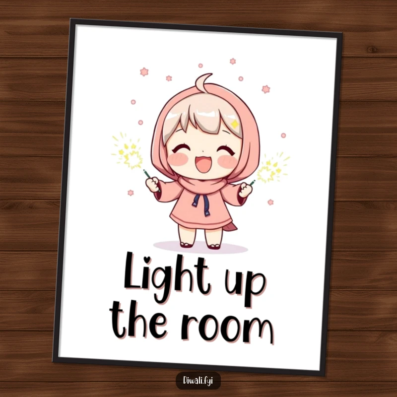 Funny digital artwork of a character beaming with happiness, holding bright sparklers, capturing pure joy and festive sparkle for immediate display.