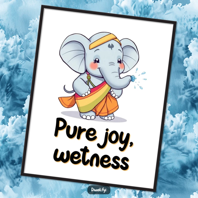 Funny digital art print of a happy elephant in a colorful sari, playfully spraying water, capturing pure joy and whimsical charm instantly.