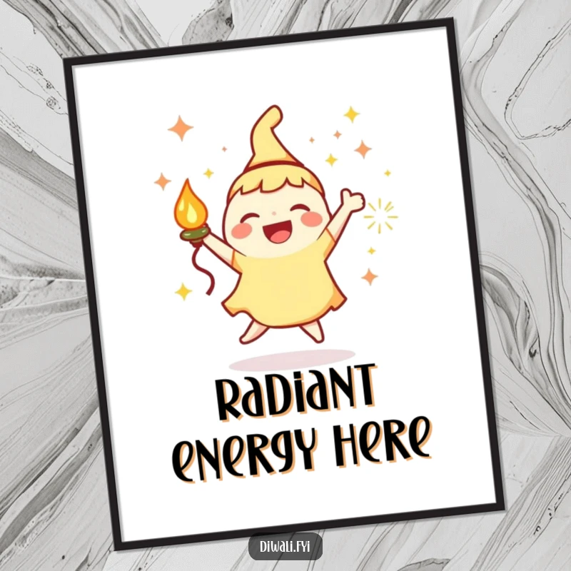 Funny Digital Art Print: Joyous character with a lamp and sparks, dancing energetically, bringing light and joy.