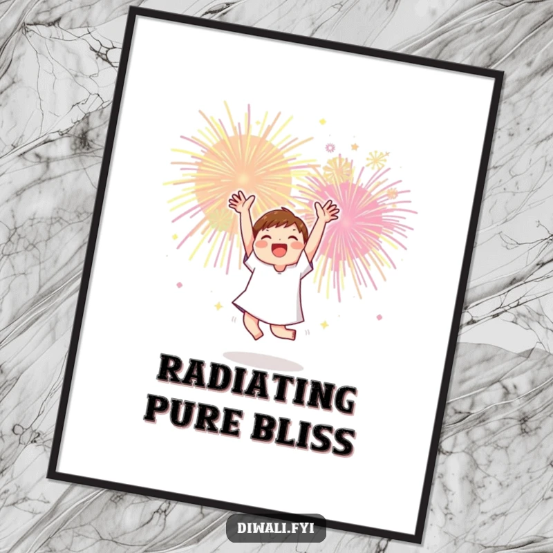 Funny digital art print of a character dancing joyfully with arms raised towards a spectacular explosion of colorful fireworks.