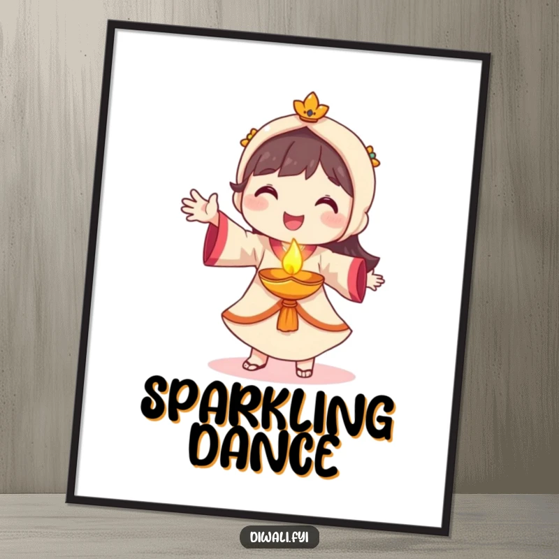 Funny diya dancer digital art, smiling character dancing with glowing diya, festive printable art, instant cultural gift.