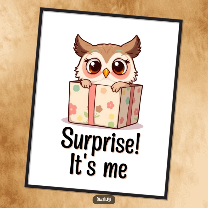 Funny digital art print of a surprised owl peeking from a decorated gift box, capturing whimsical delight and humorous curiosity instantly.