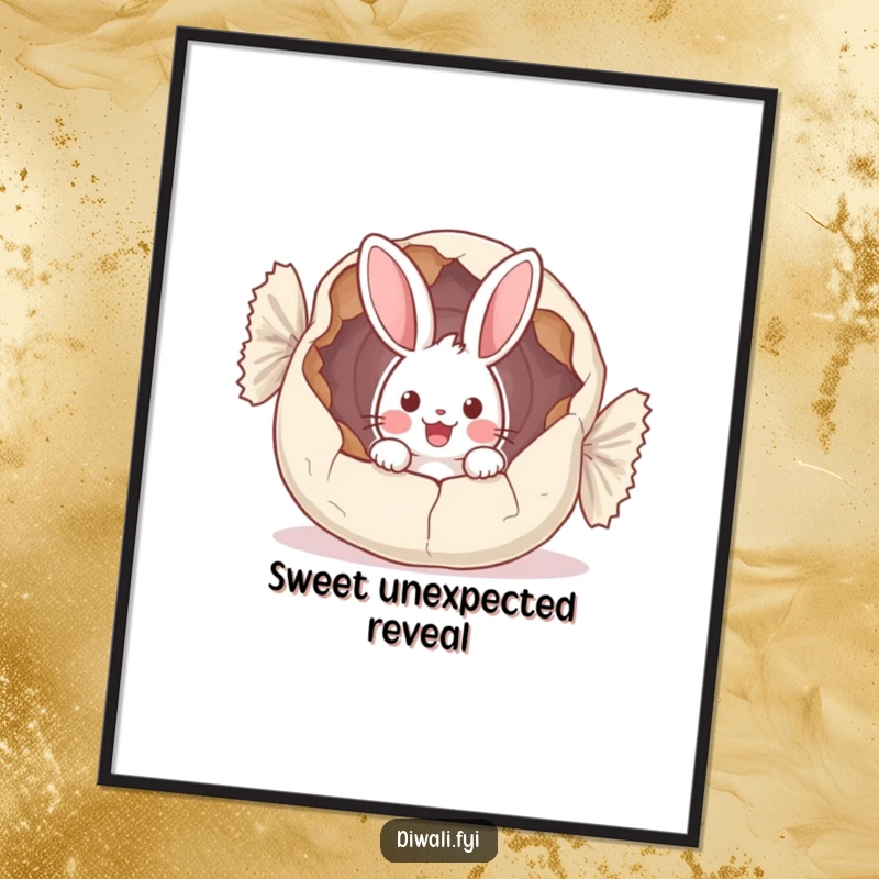 Funny digital art print of a surprised bunny peeking from a huge, cracked sweet wrapper, perfect for joyful decor.