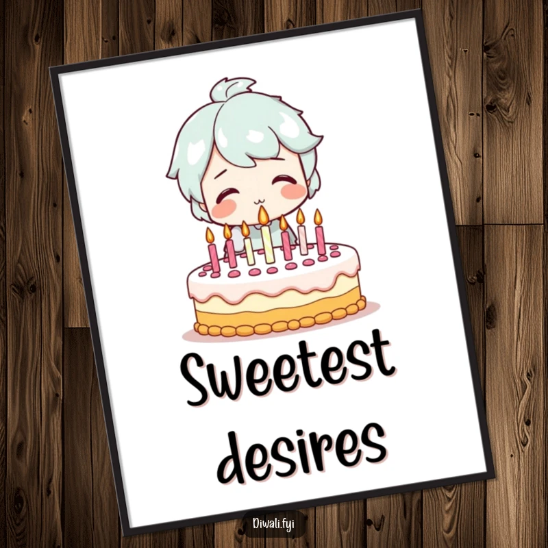 Funny digital art print of a smiling character happily blowing out candles on a festive birthday cake, embodying the joy and wishes of a special day.