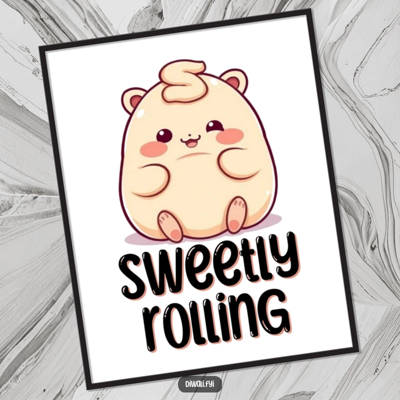 Funny digital art print of a plump, giggling ladoo character rolling playfully, embodying sweet, joyful motion.