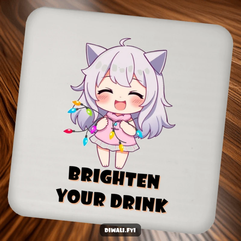 Funny drink coaster featuring a character with a joyful smirk, playfully surrounded by colorful lights, adding whimsy.