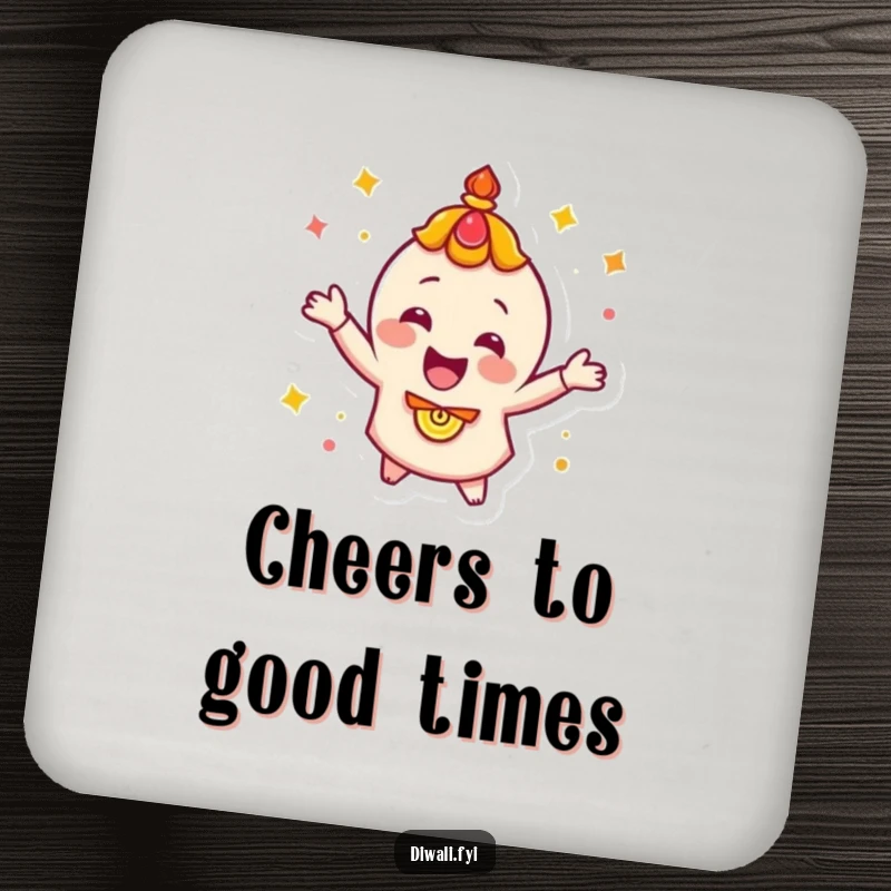 Funny, happy diya character energetically spinning, featured on a drink coaster to protect surfaces with festive charm.