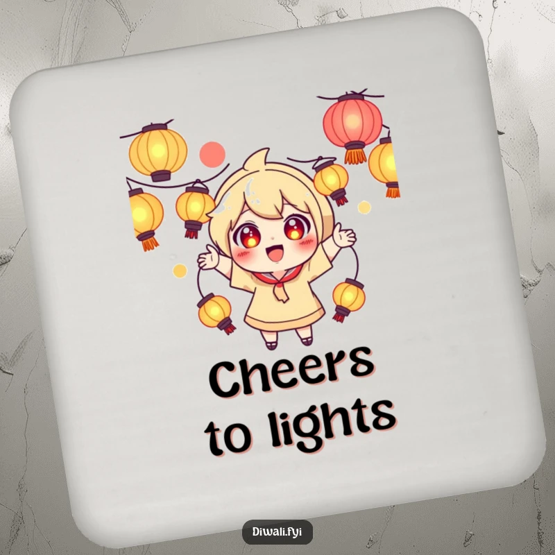 Funny drink coasters with a playful character, excited eyes, juggling glowing lanterns, perfect for magic lovers.