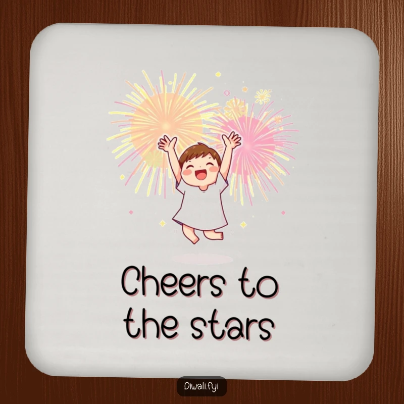 Funny drink coaster with a character dancing joyfully under colorful fireworks, adding a festive touch to tabletops.