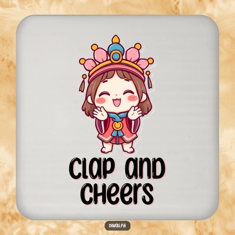 Funny Celebration Coaster: A happy character wearing a festive headdress claps hands, a humorous coaster for drinks.