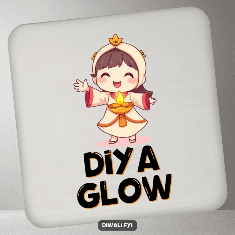 Funny diya dancer coaster set, smiling character dancing with glowing diya, festive drink accessory, cultural home gift.