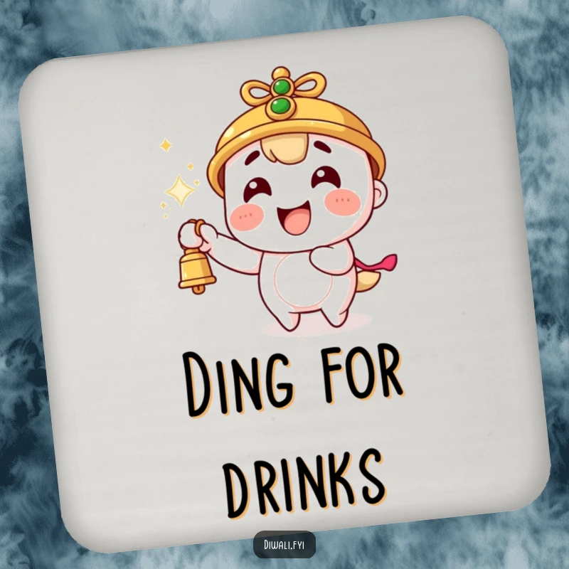 Funny drink coaster with a character ringing a bell, sparks flying, adding a touch of vibrant energy to your table.