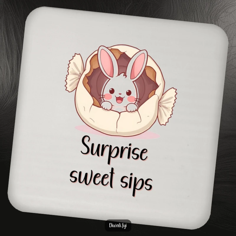 Funny drink coaster featuring a surprised bunny peeking out from a large, cracked sweet wrapper, perfect for adding fun to tabletops.