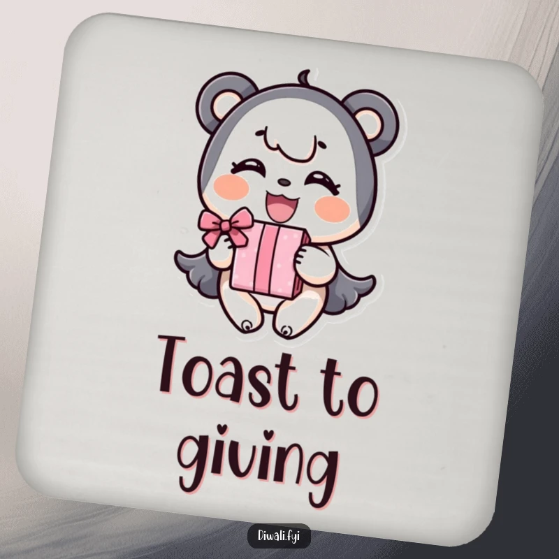 Funny Coasters: A happy character joyfully offers a gift, adding humor to drink protection.