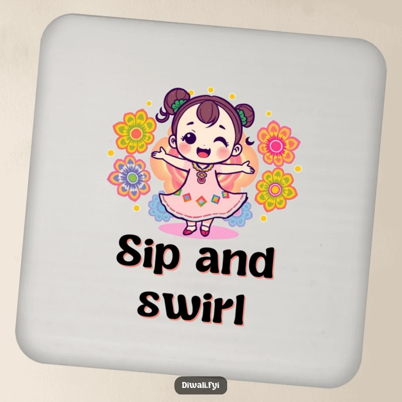 Funny drink coaster featuring a delighted character dancing with colorful rangoli patterns, offering decor and protection.