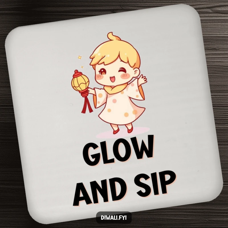 Funny drink coaster showing a character doing a silly dance, holding a tiny diya lantern, adding a festive touch.