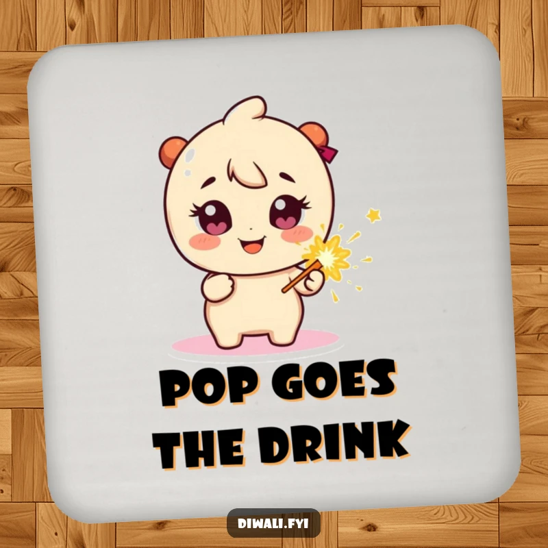 Funny Coaster: Happy character with sparkly eyes, holding a firecracker, perfect for protecting surfaces with flair.